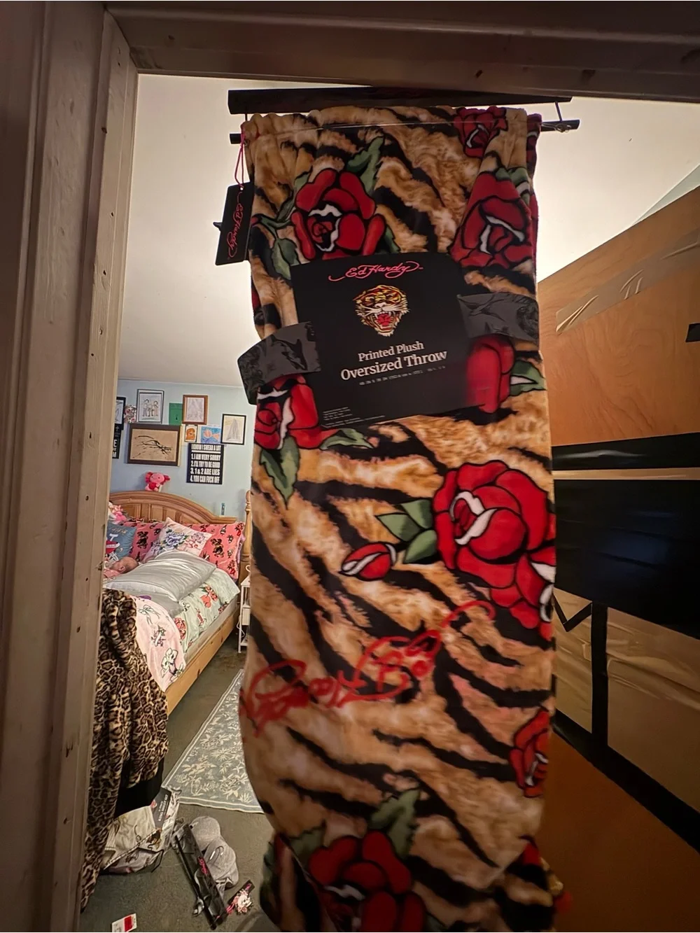 Ed Hardy Red Rose Tiger Print Plush Oversized Throw